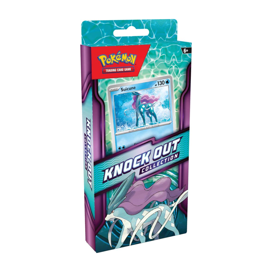 The Pokémon TCG Knock Out Collection box showcasing the Suicune or Kyogre foil cards and two included booster packs.