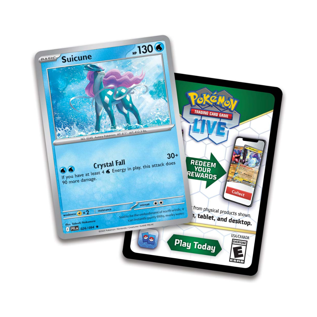 Pokémon trading card with Suicune and a promotional card for 'Pokémon Trading Card Game Live'.