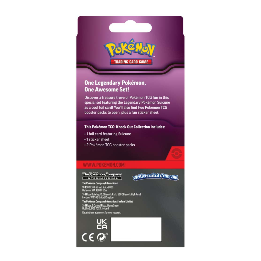 The Pokémon TCG Knock Out Collection box showcasing the Suicune or Kyogre foil cards and two included booster packs.
