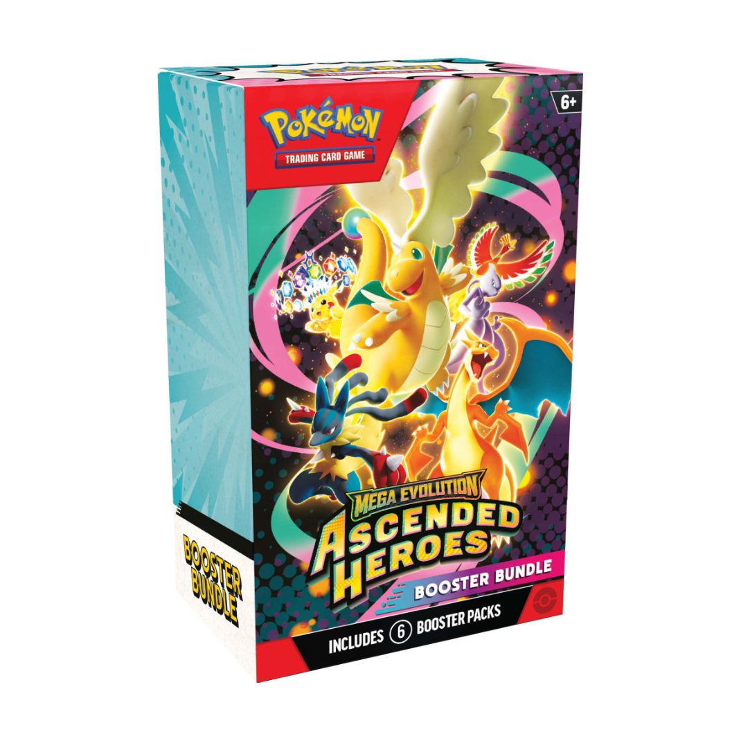 Pokémon TCG Mega Evolution Ascended Heroes Booster Bundle 6-pack box featuring Mega Evolution artwork.