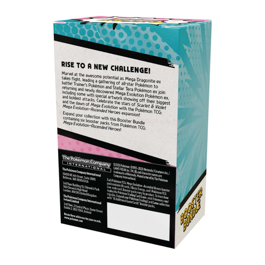 Pokémon TCG Mega Evolution Ascended Heroes Booster Bundle 6-pack box featuring Mega Evolution artwork.