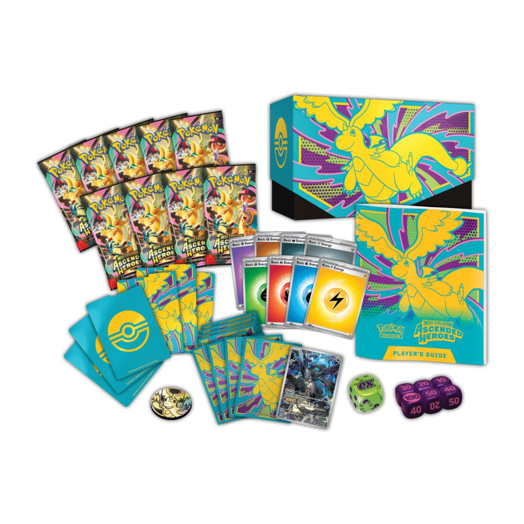 Front view of the Pokémon TCG Mega Evolution—Ascended Heroes Elite Trainer Box featuring Mega Dragonite artwork and the official expansion logo.