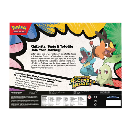 The Pokémon TCG: Mega Evolution—Ascended Heroes First Partners Deluxe Pin Collection box featuring three foil promo cards and a central deluxe enamel pin of Chikorita, Tepig, and Totodile.