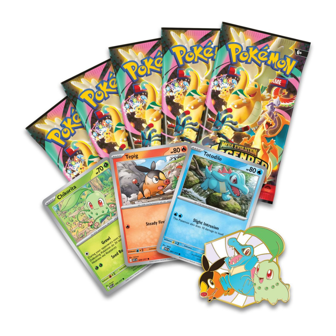 The Pokémon TCG: Mega Evolution—Ascended Heroes First Partners Deluxe Pin Collection box featuring three foil promo cards and a central deluxe enamel pin of Chikorita, Tepig, and Totodile.