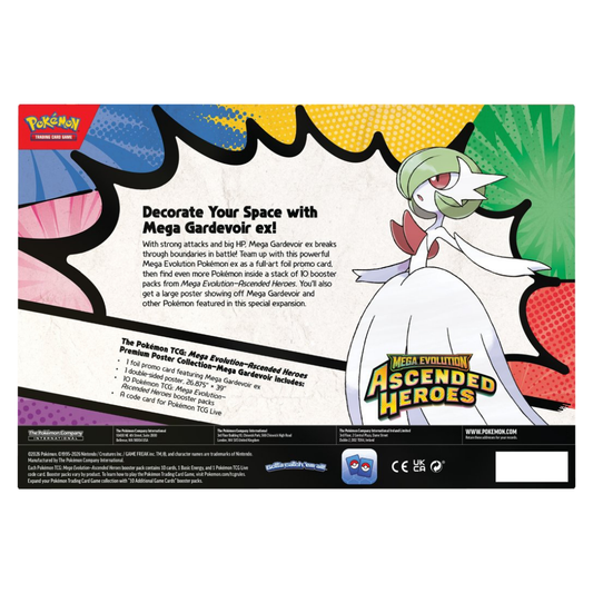 The premium Pokémon TCG Mega Evolution: Ascended Heroes Premium Poster Collection box for Mega Gardevoir, showing the 10 booster packs, the full-art promo card, and the large poster.