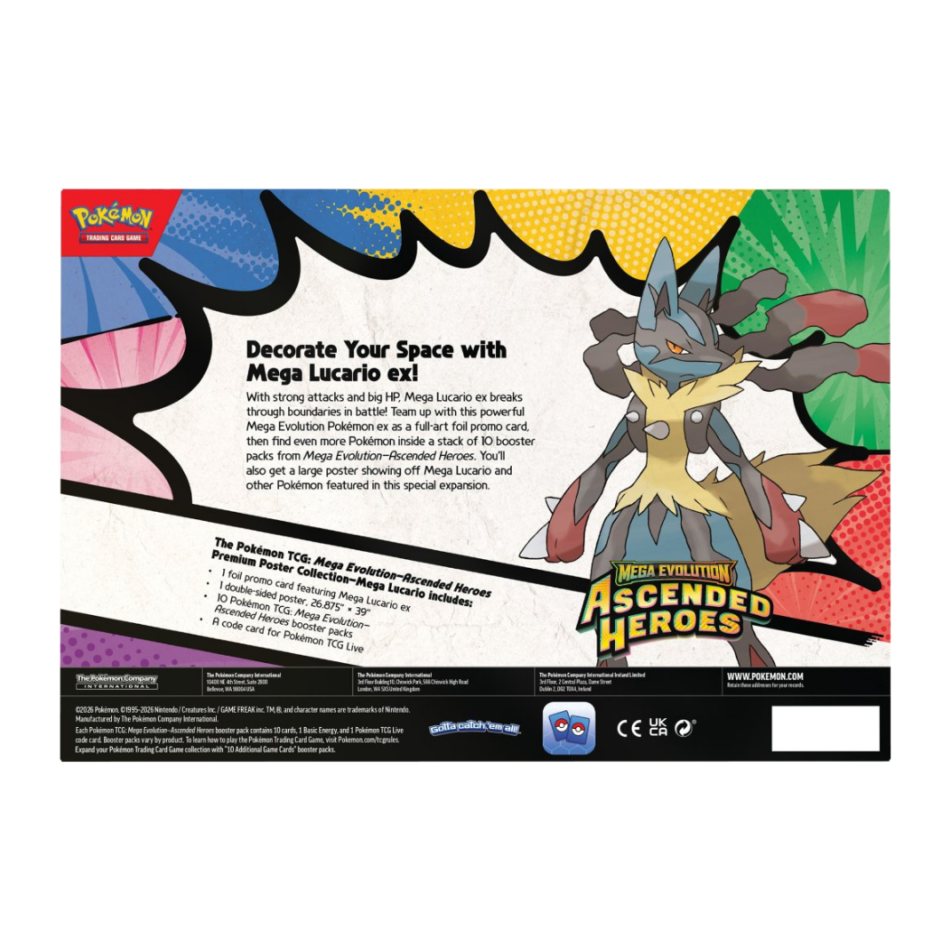 The massive Pokémon TCG Mega Evolution: Ascended Heroes Premium Poster Collection box for Mega Lucario, featuring 10 booster packs, the promo card, and a rolled double-sided poster.