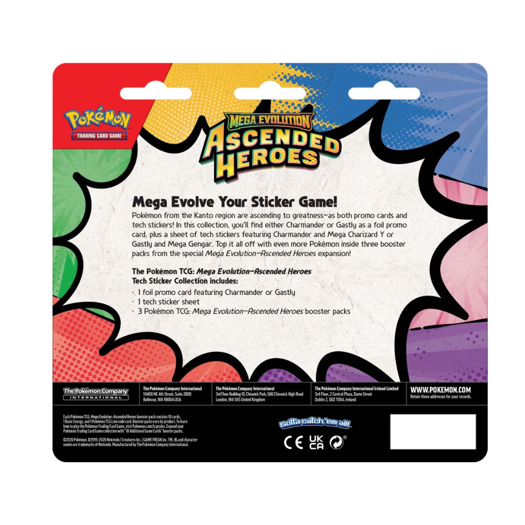 The Pokémon TCG: Mega Evolution—Ascended Heroes Tech Sticker Collection box showing the Charmander and Gastly promo cards alongside three booster packs.