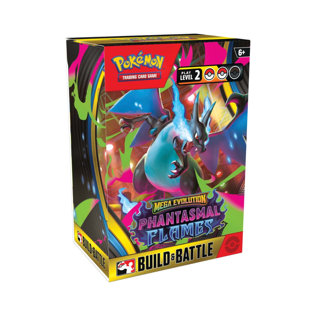 The Pokémon TCG: Mega Evolution—Phantasmal Flames Build & Battle Box featuring Mega Charizard X and Mega Gengar on the packaging.