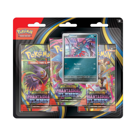 Pokémon TCG: Mega Evolution – Phantasmal Flames Three Booster Blister featuring booster packs, promo card.