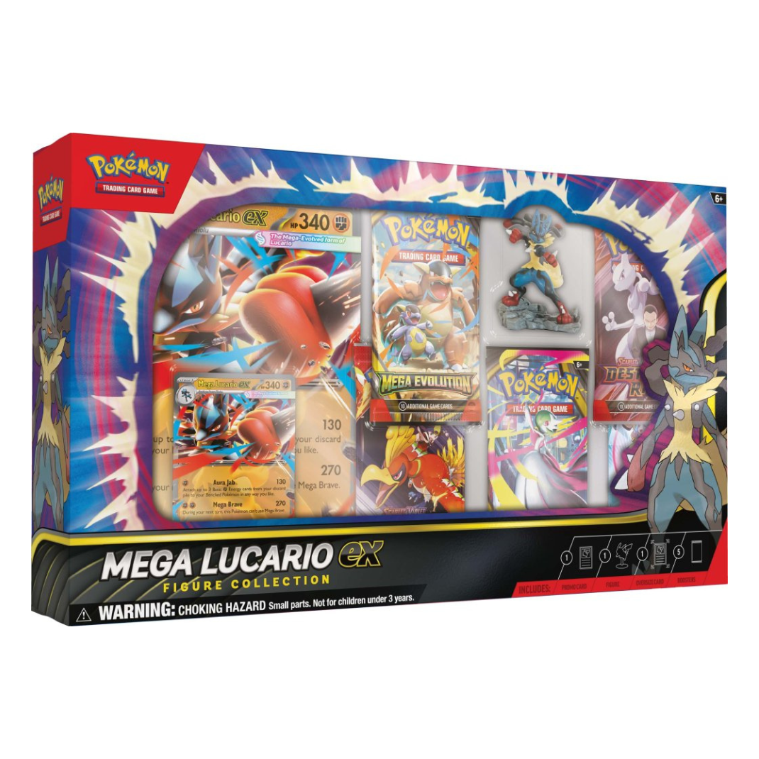 Pokémon TCG: Mega Lucario ex Figure Collection box showing foil promo card, oversize card, Lucario figure, and booster packs
