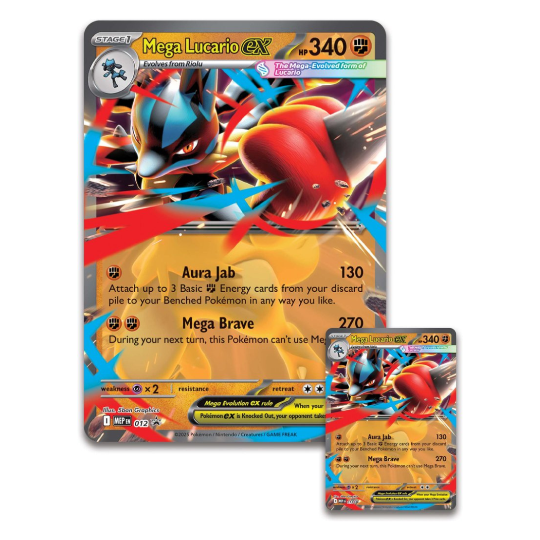 Pokémon TCG: Mega Lucario ex Figure Collection box showing foil promo card, oversize card, Lucario figure, and booster packs