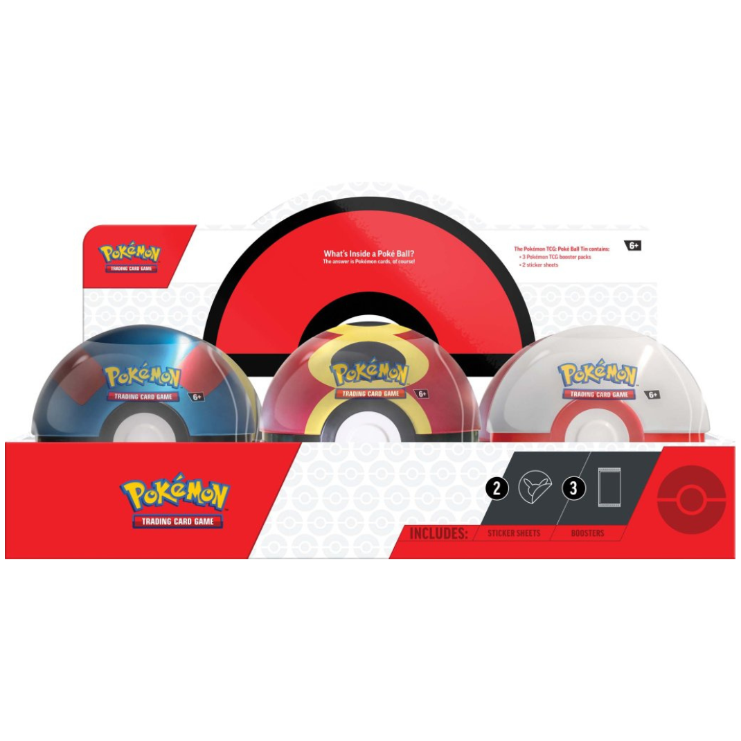 The Pokémon TCG: Poké Ball Tin 2025 edition, a red and white spherical metal tin with 3 booster packs and sticker sheets displayed alongside it.