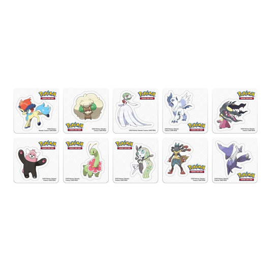 The Pokémon TCG: Poké Ball Tin 2025 edition, a red and white spherical metal tin with 3 booster packs and sticker sheets displayed alongside it.