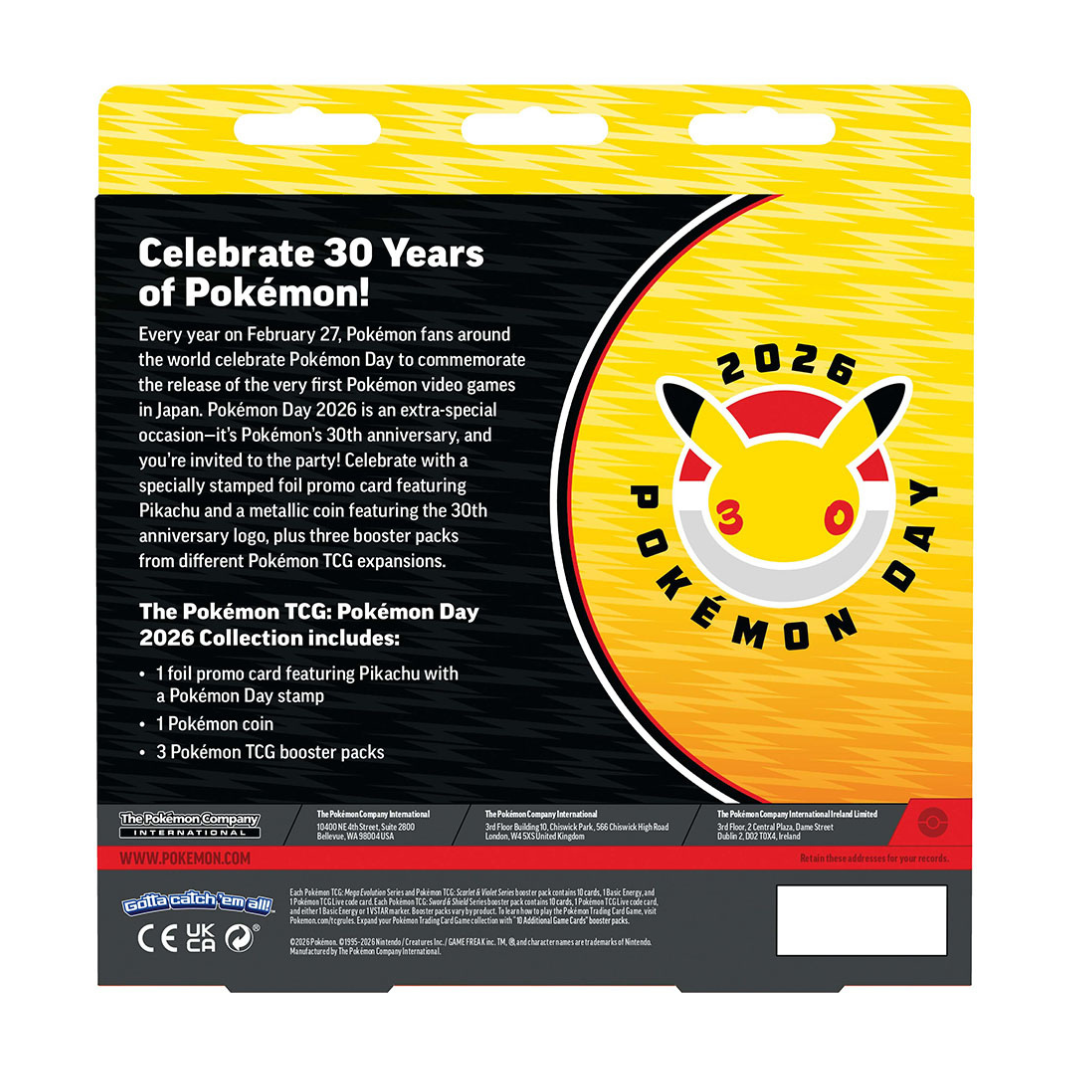 The Pokémon TCG: Pokémon Day 2026 Collection box featuring a foil Pikachu promo card with a special anniversary stamp.