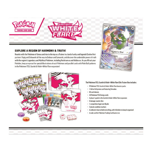 Pokémon TCG Scarlet & Violet—White Flare Elite Trainer Box – Includes 9 Booster Packs, Tornadus Promo Card, and Reshiram-Themed Accessories