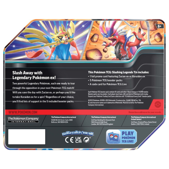 Pokémon TCG Slashing Legends Tin – Includes foil promo card, 5 booster packs, and collectible tin featuring Zacian ex or Koraidon ex