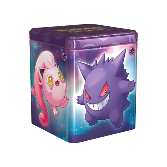 2024 Pokémon TCG Stacking Tin featuring themed artwork and contents including booster packs and sticker sheets.