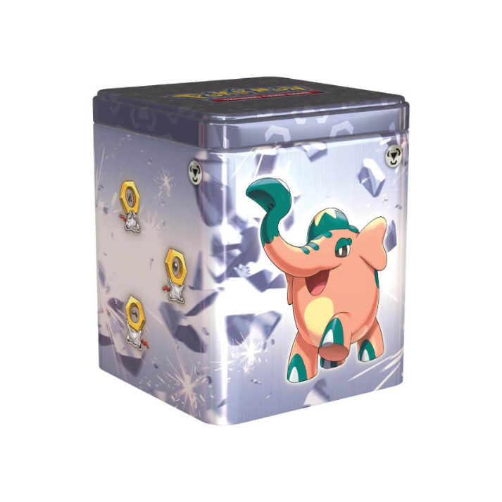 2024 Pokémon TCG Stacking Tin featuring themed artwork and contents including booster packs and sticker sheets.