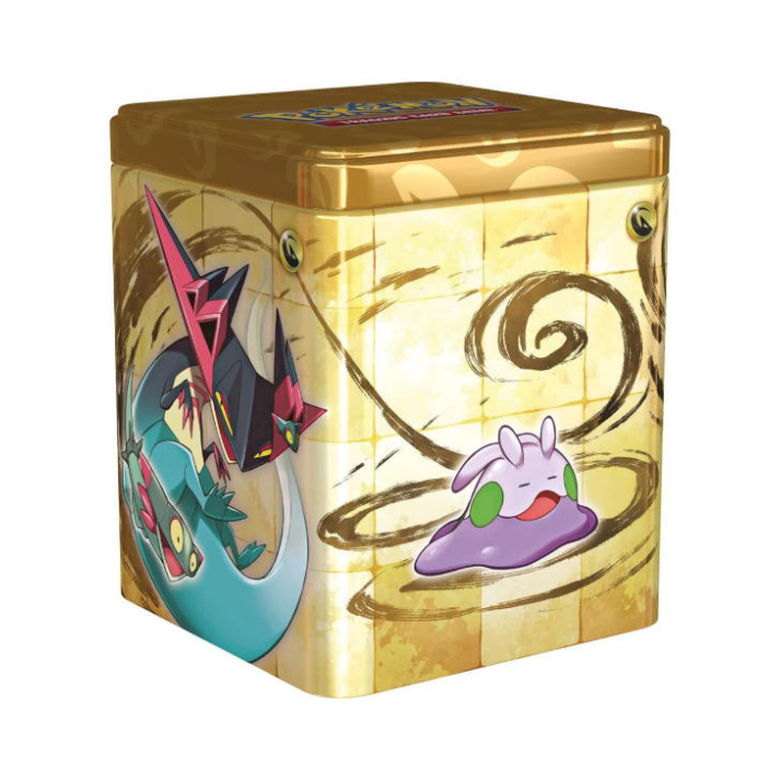 2024 Pokémon TCG Stacking Tin featuring themed artwork and contents including booster packs and sticker sheets.