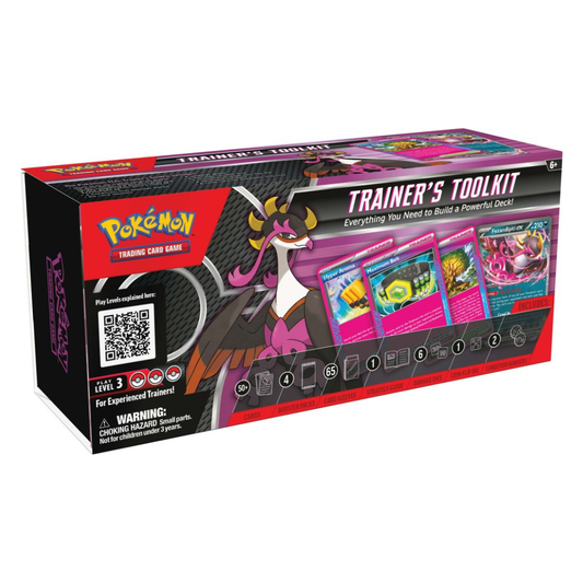 Pokémon TCG Trainer’s Toolkit 2025 box showing featured contents: promo cards, booster packs, sleeves and accessories