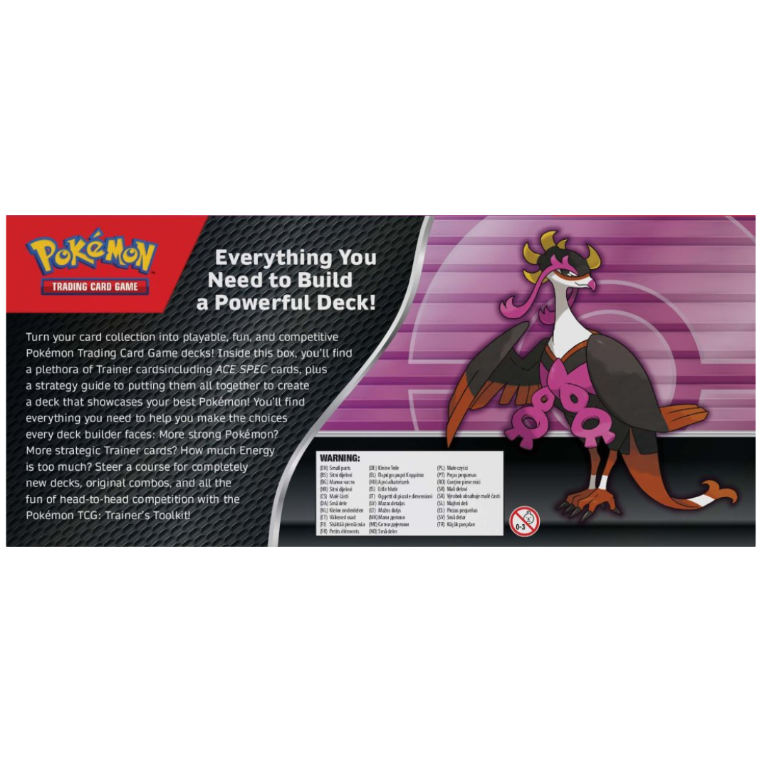 Pokémon TCG Trainer’s Toolkit 2025 box showing featured contents: promo cards, booster packs, sleeves and accessories