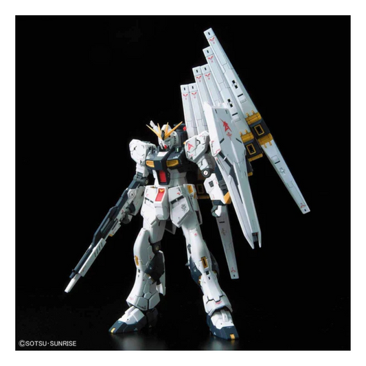 Bandai RG-32 Nu Gundam fully assembled model with fin funnels posed in dynamic stance