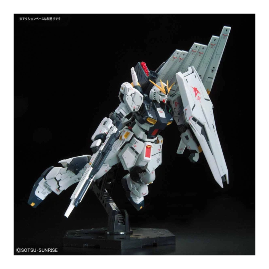 Bandai RG-32 Nu Gundam fully assembled model with fin funnels posed in dynamic stance