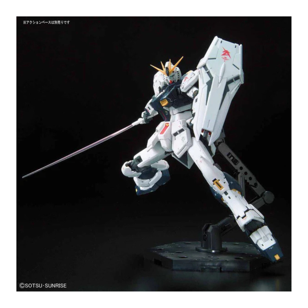 Bandai RG-32 Nu Gundam fully assembled model with fin funnels posed in dynamic stance