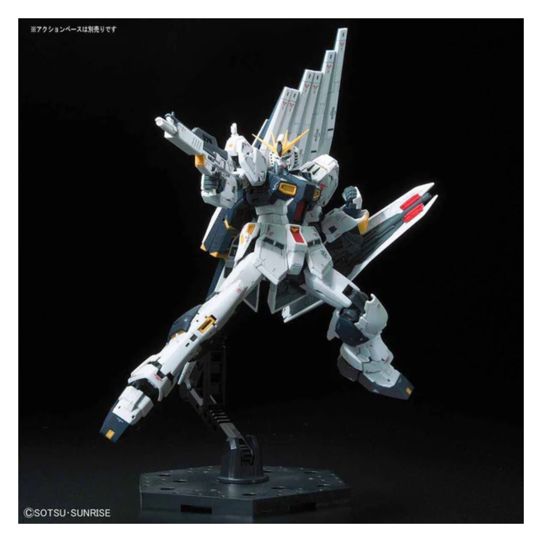 Bandai RG-32 Nu Gundam fully assembled model with fin funnels posed in dynamic stance