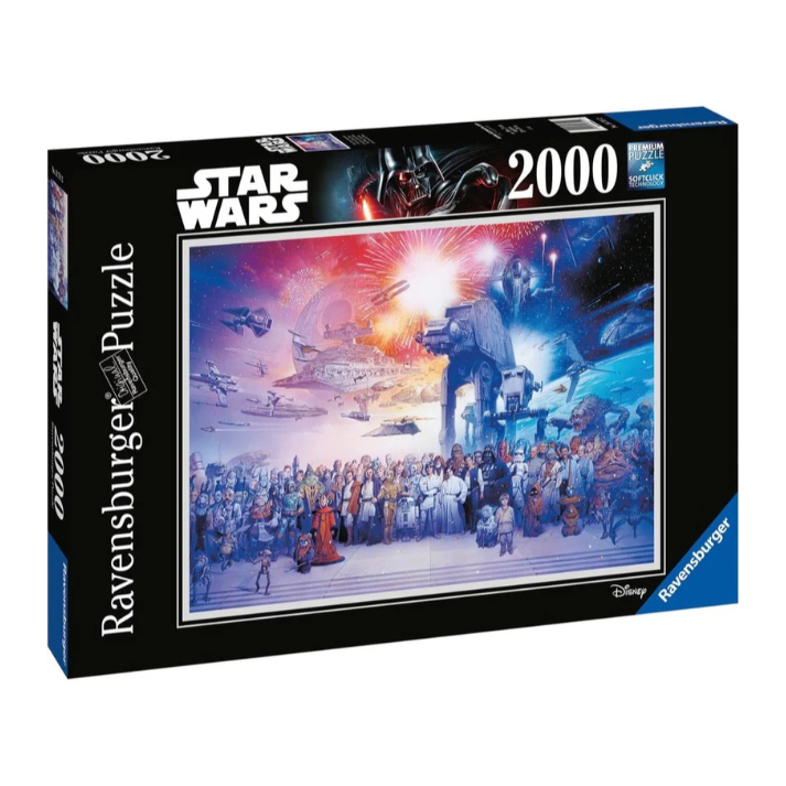Ravensburger 2000 piece Star Wars jigsaw puzzle box featuring iconic characters and ships.