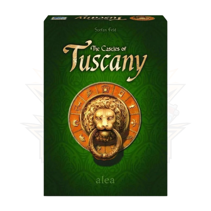 The Castles of Tuscany board game box with green background and lion door knocker design.
