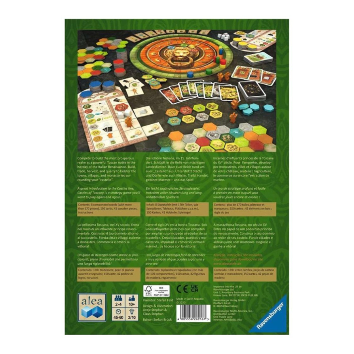 The Castles of Tuscany board game back box, featuring game components and setup display.