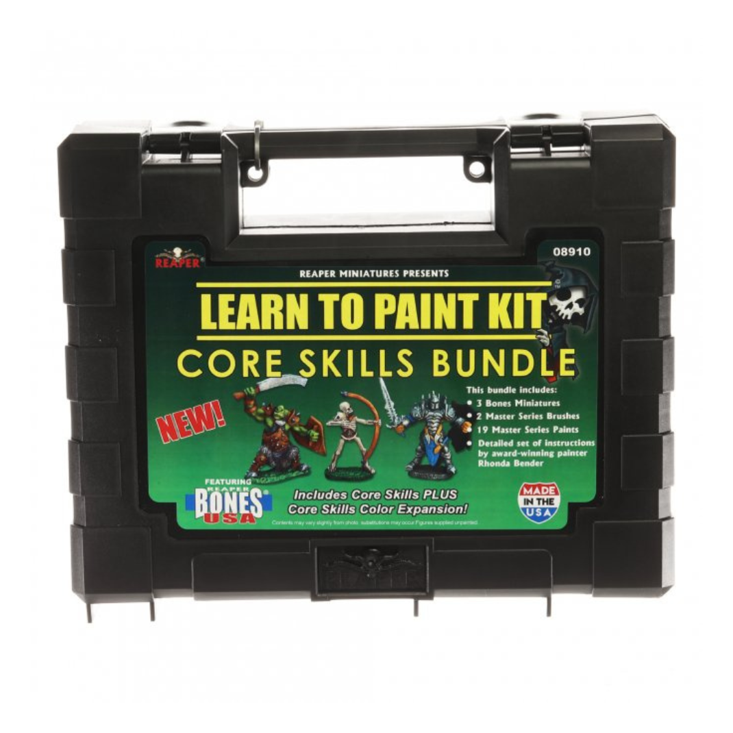 Reaper Miniatures Learn to Paint Kit: Core Skills Bundle (08910) containing 19 paints, 3 Bones miniatures, and a guide for beginners learning to paint wargaming and RPG miniatures.