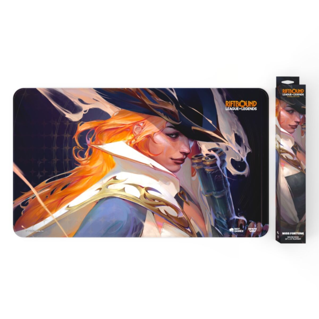The official Riftbound League of Legends TCG Origins playmat featuring Miss Fortune art with red stitched bound edges and a non-slip rubber base.