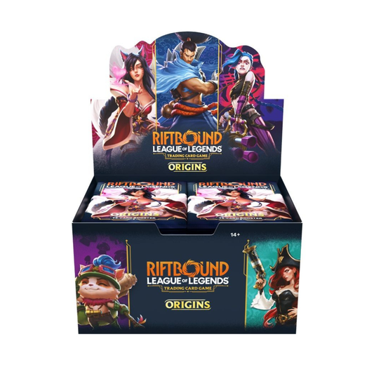 Riftbound: League of Legends TCG Origins Booster Display showing multiple booster packs and rare champion cards