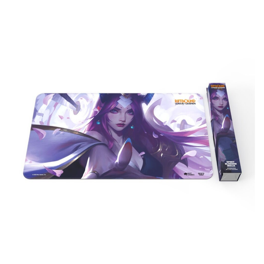 Official Riftbound: League of Legends TCG Spiritforged playmat featuring Spirit Blossom Irelia with floating blades and pink spirit energy.