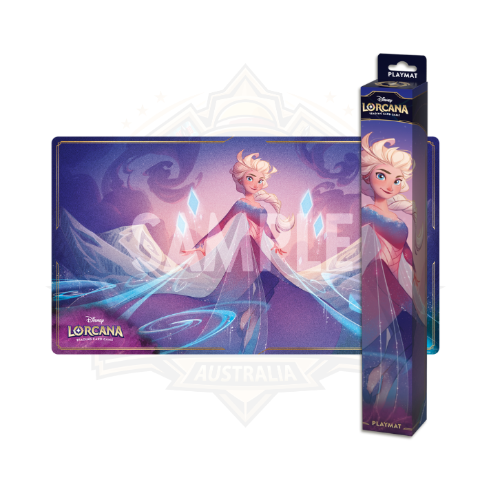 Disney Lorcana trading card game playmat featuring Elsa with magical ice effects.