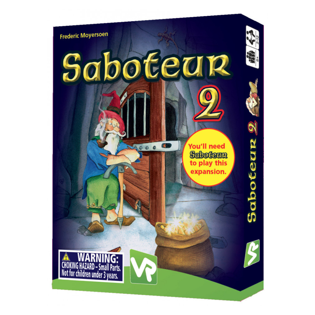 Saboteur 2 card game expansion box showing a group of dwarves in a mine, featuring new path cards like ladders and bridges in the foreground.