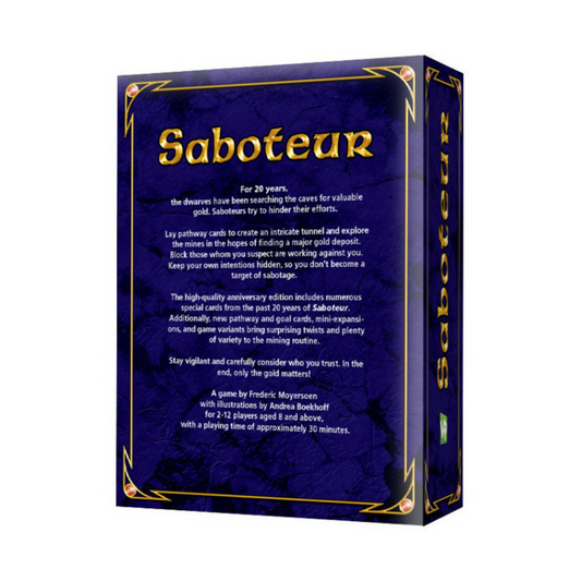 Saboteur 20 Years Jubilee Edition card game box with foil design, updated artwork, and premium components.