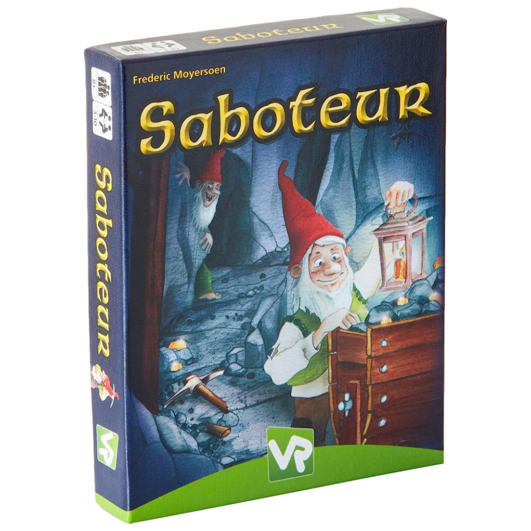 Saboteur card game box with illustrated dwarf characters, path cards, and role cards displayed.