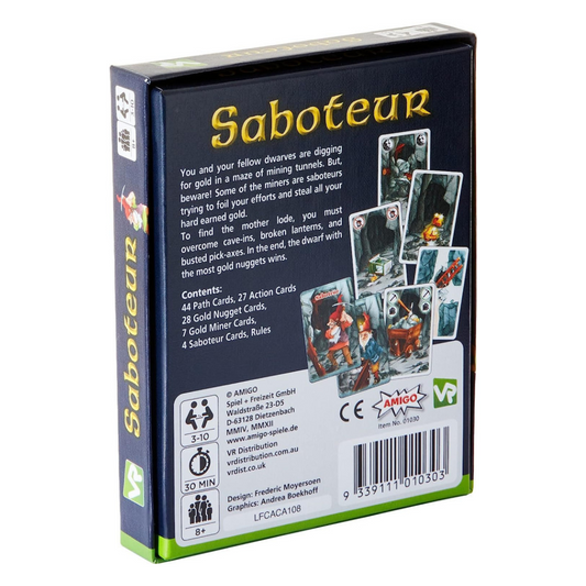 Saboteur card game box with illustrated dwarf characters, path cards, and role cards displayed.