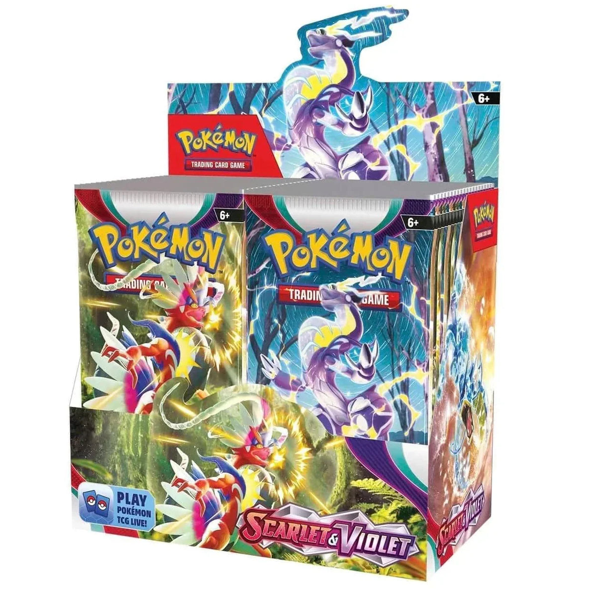 Pokemon Scarlet and Violet TCG booster box with vibrant trading card pack artwork