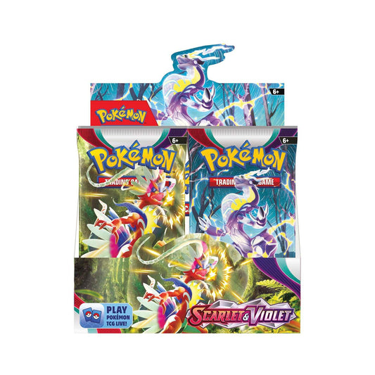 Pokémon Scarlet and Violet booster box with trading card game booster packs display