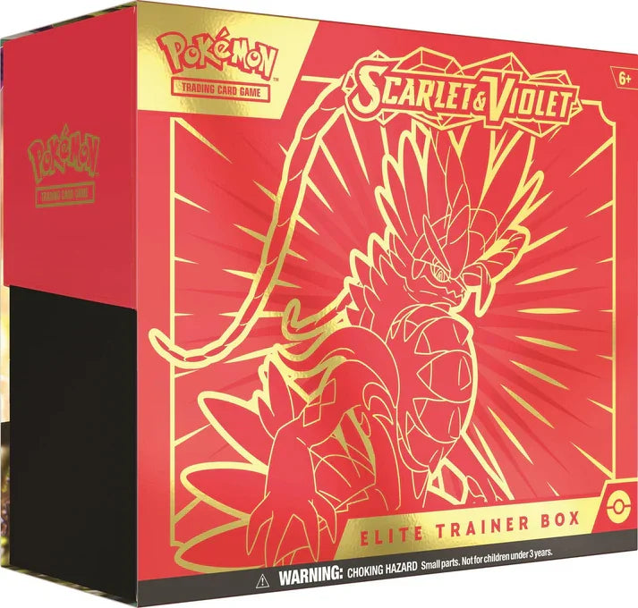 Scarlet & Violet Elite Trainer Box featuring legendary Pokémon art and trading card game logo.