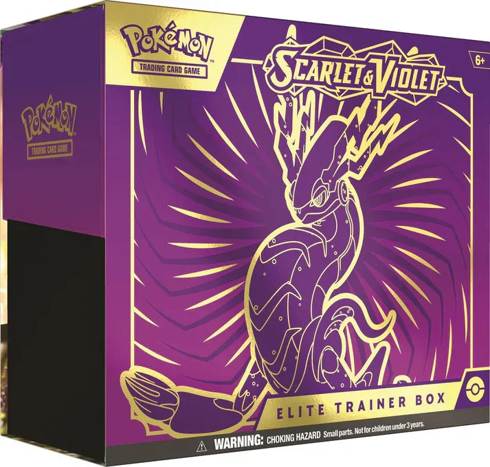 Scarlet and Violet Elite Trainer Box with Pokémon design, purple and gold packaging