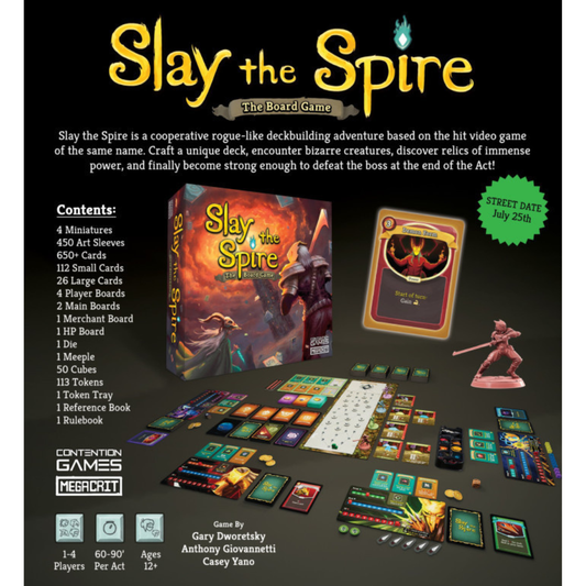 Slay the Spire board game setup with character decks and relic