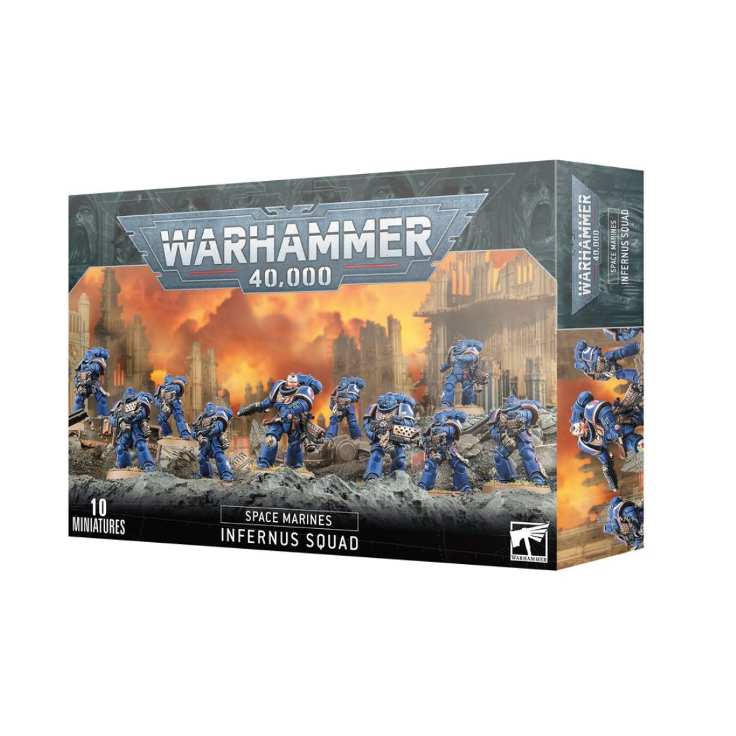 A 10-man squad of Space Marine Infernus Marines in blue Ultramarines livery, aiming their pyreblasters in various dynamic, push-fit poses.