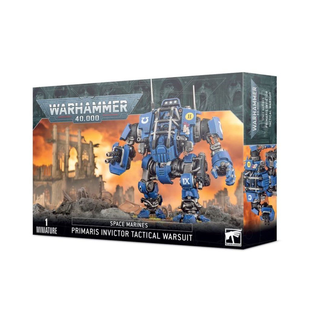 Multipart plastic kit of the Space Marines Invictor Tactical Warsuit, a large combat walker in Mark X Phobos armour, shown armed with the Incendium Cannon and Invictor Servo-fist.