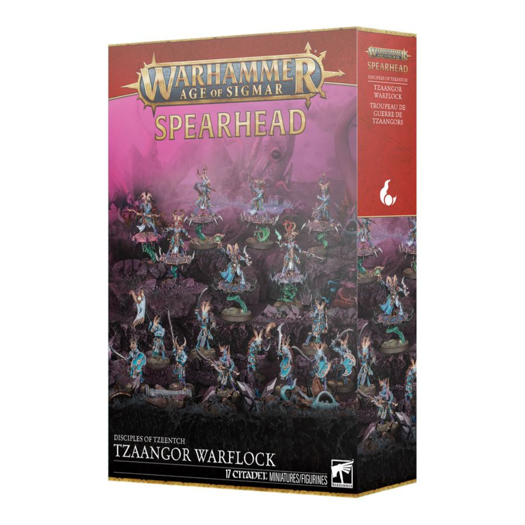 The Spearhead: Disciples of Tzeentch Tzaangor Warflock box art showing a Shaman and Enlightened on Discs leading a pack of Tzaangors into battle.