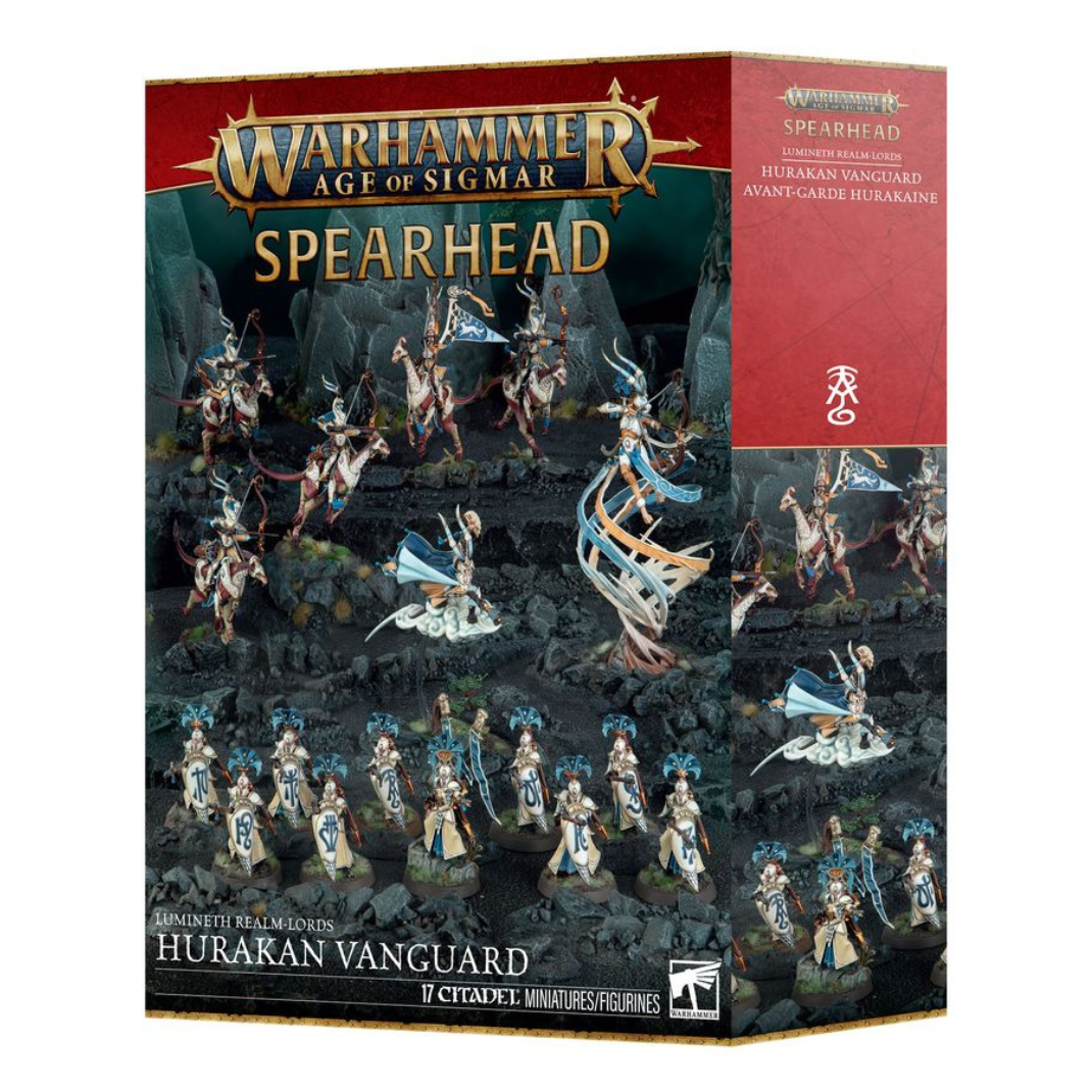 The Spearhead: Lumineth Realm-lords Hurakan Vanguard box art showing a Spirit of the Wind and Windchargers charging through a Hyshian landscape.